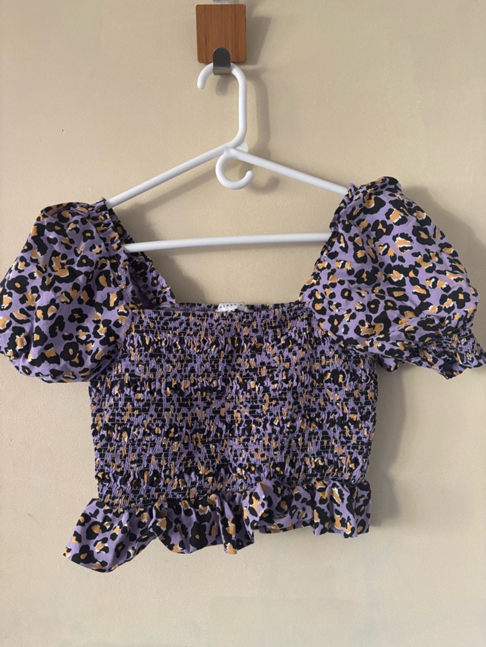 Endless Rose Lavender Leopard Smocked Puff-Sleeve Crop Top with Ruffle Hem
